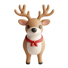 Cute 3D cartoon reindeer with antlers and red scarf, featuring adorable and festive design. Ideal for Christmas, winter decoration, or children's illustration. Isolated on transparent background, png.