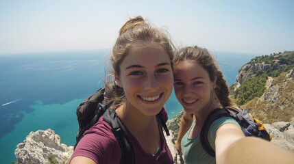 Two friends enjoying a breathtaking moment on a coastal cliff during their hiking adventure