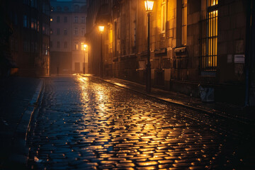 A street at night with a wet cobblestone road