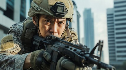 Fototapeta premium A determined soldier aims his rifle in a tense urban combat scenario, showcasing precision, focus, and military readiness in a city environment.