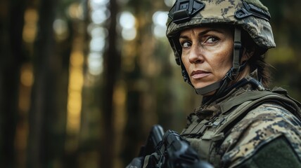 Obraz premium A determined female soldier in tactical gear grips a rifle, standing in a forest, ready for action during a military operation.