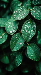 Fototapeta premium Close-up of dew-covered leaves illuminated by soft sunlight in vibrant green hues