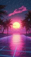 Naklejka premium Vibrant retro 80s smartphone wallpaper featuring neon grid, palm trees, and a sunset view