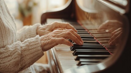 Elderly Alzheimer’s patient engaged in music therapy, playing piano