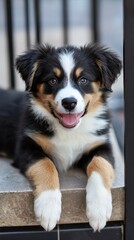 Fototapeta premium Playful puppy enjoying a sunny afternoon on the patio in the backyard