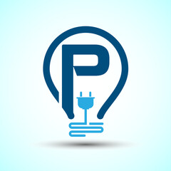 Initial alphabet P with an electric bulb and plug. Electricity logo design template