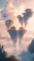 Dreamy floating islands with waterfalls in a surreal pastel landscape for smartphone wallpaper