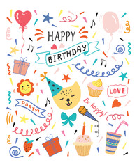 A fun hand-drawn happy Birthday party set with cakes,  gift boxes, candles, balloons, lettering, colorful confetti. Birthday party vector illustration for greeting card, invitation, poster, sticker