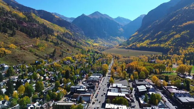 Fall Season in Telluride Colorado,  America, USA. Aerial Footage of the Small Mountain Town in Southern Colorado.