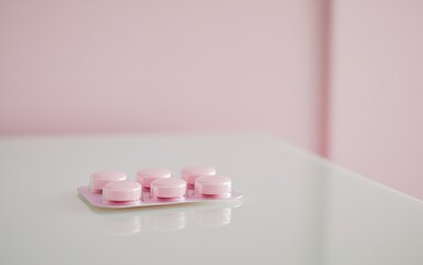 Pink capsules in a blister pack resting on a white surface against a light pink background, showcasing a minimalist design