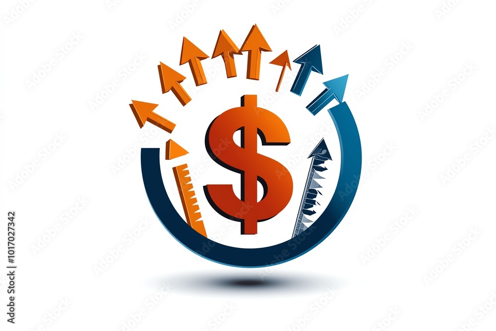 Poster Simple minimalist design of a dollar sign inside a circle, with arrows pointing upward, representing customer lifetime value growth