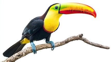 Fototapeta premium A brightly colored toucan perched on a branch, its iconic large beak in full view against a pure white background.