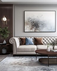 A modern living room interior with a white sofa, coffee table, and artwork on the wall.