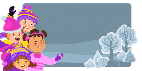 Cute cartoon children against the background of a winter snowy landscape. Children laugh and wave their hands. Group of happy kids in bright winter clothes. Vector flat illustration.