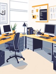 A modern office space with two workstations, computers, a desk lamp, office supplies, a plant, and a bulletin board.