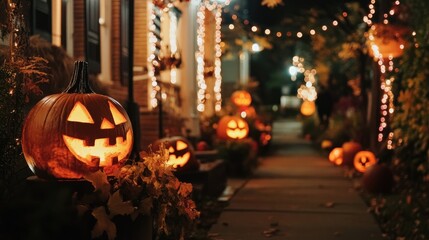 Fototapeta premium Halloween themed decorations in residential area
