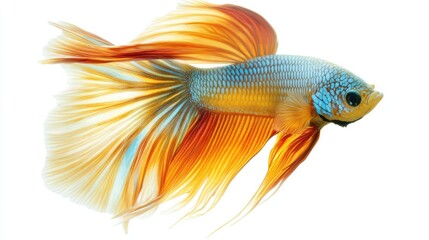 Fototapeta premium A colorful betta fish with its long fins flowing gracefully in the water, isolated against a white background.