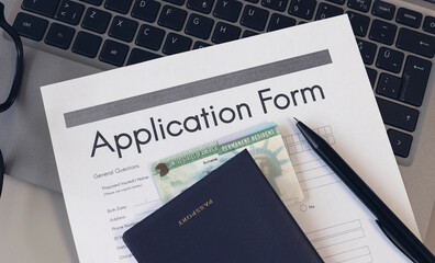 Green card application form and passport. Application to register permanent residence. Immigration...