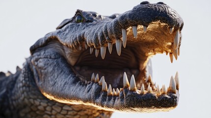 A crocodile powerful jaws wide open, showcasing its sharp teeth, all set against a white background.