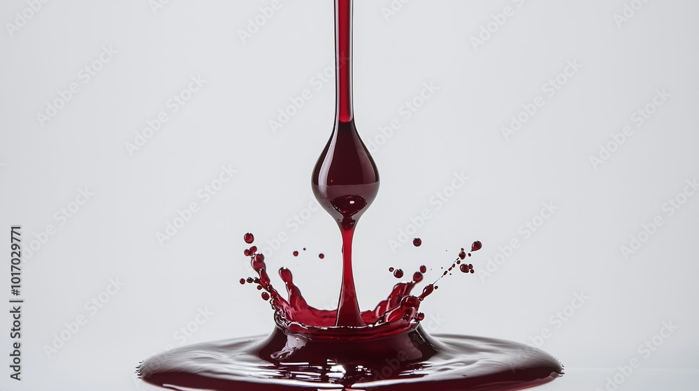 Poster red liquid splashes dynamically as it drips from above, creating a vibrant pattern against a simple 