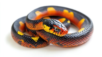 Obraz premium A detailed shot of a brightly colored coral snake, coiled and ready to strike, isolated on a stark white background to emphasize its deadly nature.