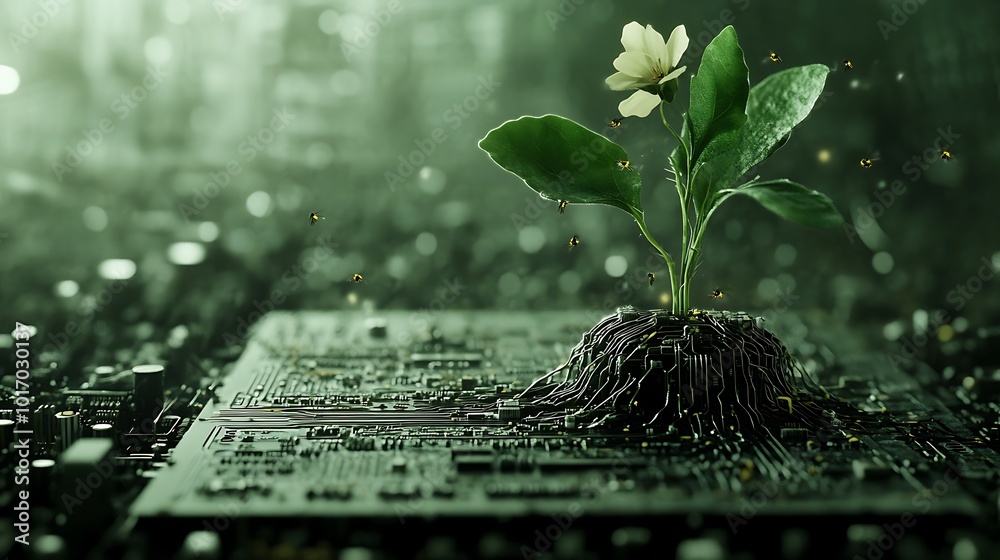 Poster a single flower grows from a circuit board, representing hope and growth in a technological world.