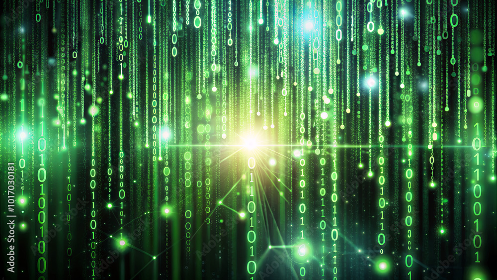 Poster streams of binary code cascade downward in a vibrant green hue, illuminated by a bright light at the