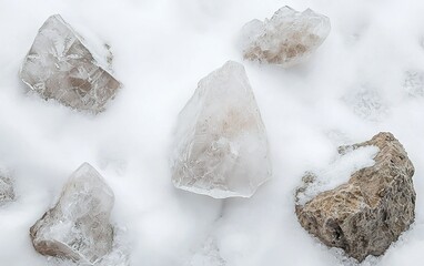 Natural crystal formations scattered among white snowy terrain in a serene winter landscape