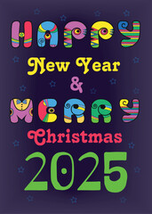 Retro Disco Celebration - Happy New Year 2025 with artistic, vibrant, and colorful retro inscription, reminiscent of the disco era. Enjoy a vintage 60s and 70s vibe with a purple background. Happy New