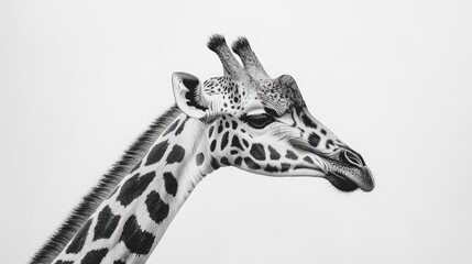 Obraz premium A giraffe lowering its neck gracefully, with its distinctive spots and long eyelashes clear against a plain white background.