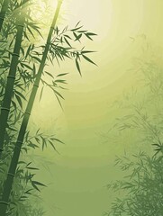 Fototapeta premium A serene bamboo forest scene with a misty background and sunlit leaves.