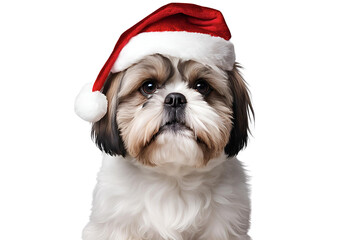 Shih Tzu Wearing a Red Christmas Hat on a White Background