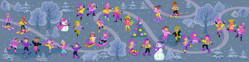 Happy children playing in the park. Winter forest. Cartoon map. Kids go sledding, skating, skiing, playing snowball. Lots of kids in the park. Vector flat illustration.