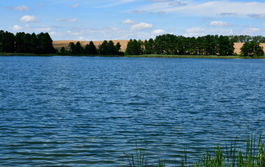 A view of a vast river or lake surrounded from all sides with reeds, forests, moors, fields, and pasturelands located next to a small marina or wooden platform and some metal tower seen in Poland