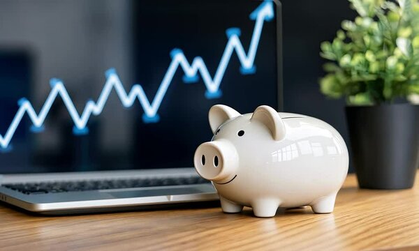 An overview of savings and investment growth, highlighting a piggy bank placed beside a laptop displaying upward financial trends and charts in a modern workspace