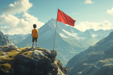Obraz premium Young Boy on Rocky Cliff Gazing at Distant Mountains