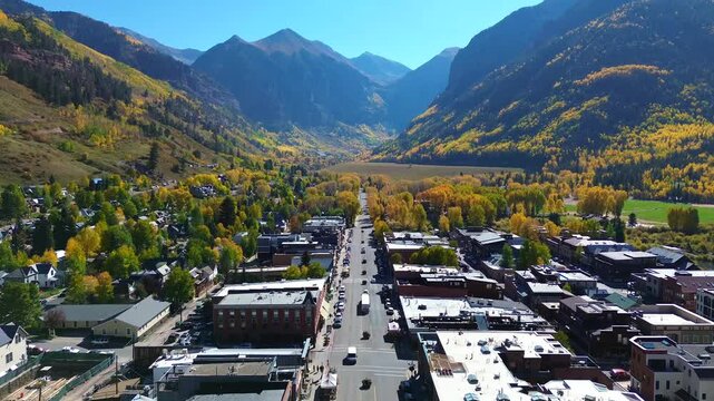 Fall Season in Telluride Colorado,  America, USA. Aerial Footage of the Small Mountain Town in Southern Colorado.