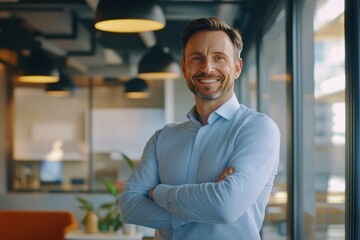 Obraz premium Confident Businessman Smiling in Modern Office