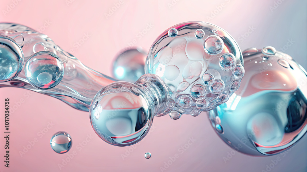 Poster floating bubbles and water droplets create an abstract composition, reflecting light and color in a 