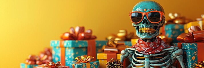 A vibrant skeleton figurine in sunglasses and a red bandana, surrounded by colorful gifts, ideal for Day of the Dead celebrations and festive events.