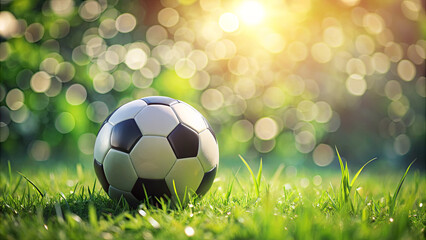 Fototapeta premium The vibrant black and white soccer ball sits on soft grass, glistening under the golden sunlight, surrounded by a blurred backdrop of nature's beauty