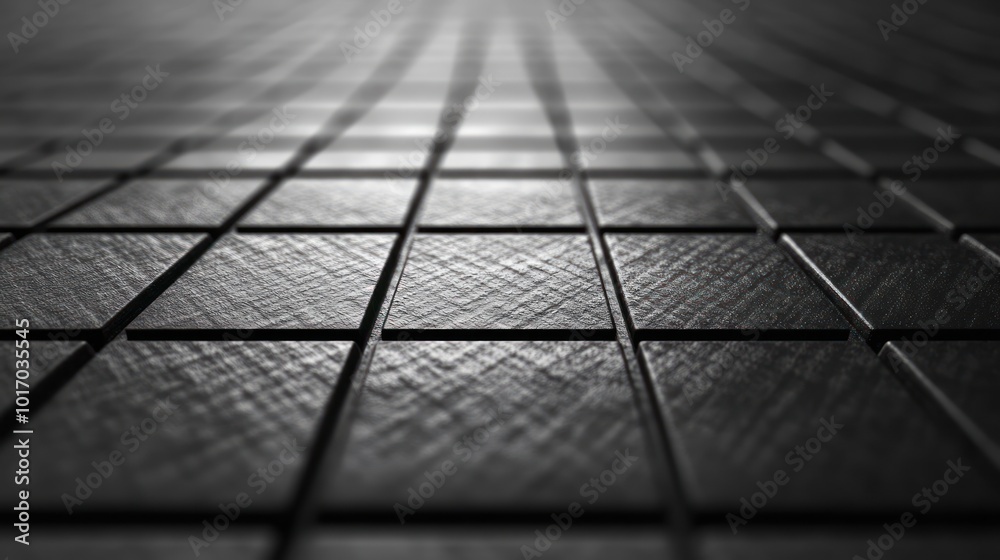 Poster a close-up view of textured black tiles arranged in a grid pattern.