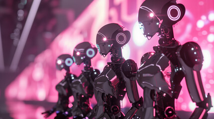 3d render of futuristic technology AI artificial intelligence cyber humans cyborgs robots in neon glowing pink colors. Innovation science data concept background.