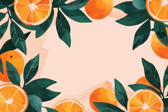 Vibrant citrus border with oranges and leaves on pastel background