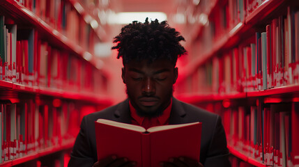 American Student Studying in the Library Wearing a Suit | Focused Academic Preparation in a Professional Setting