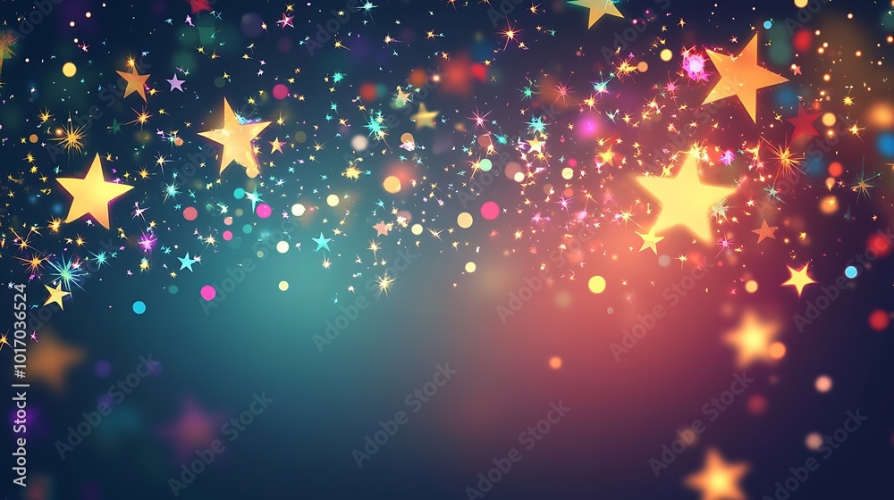 Poster abstract background with colorful stars, lights, and bokeh.