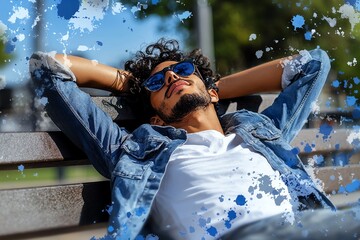 Watercolor depiction of a person napping on a park bench, with soft, flowing colors representing peaceful outdoor rest