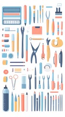 Collection of colorful flat design art and craft supplies, tools, and stationary icons.