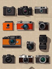 Collection of vintage cameras illustrated in cartoon style on a textured background.