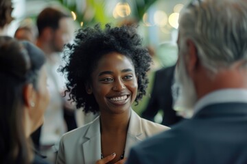 Diverse group meeting at casual business event  exchanging greetings.